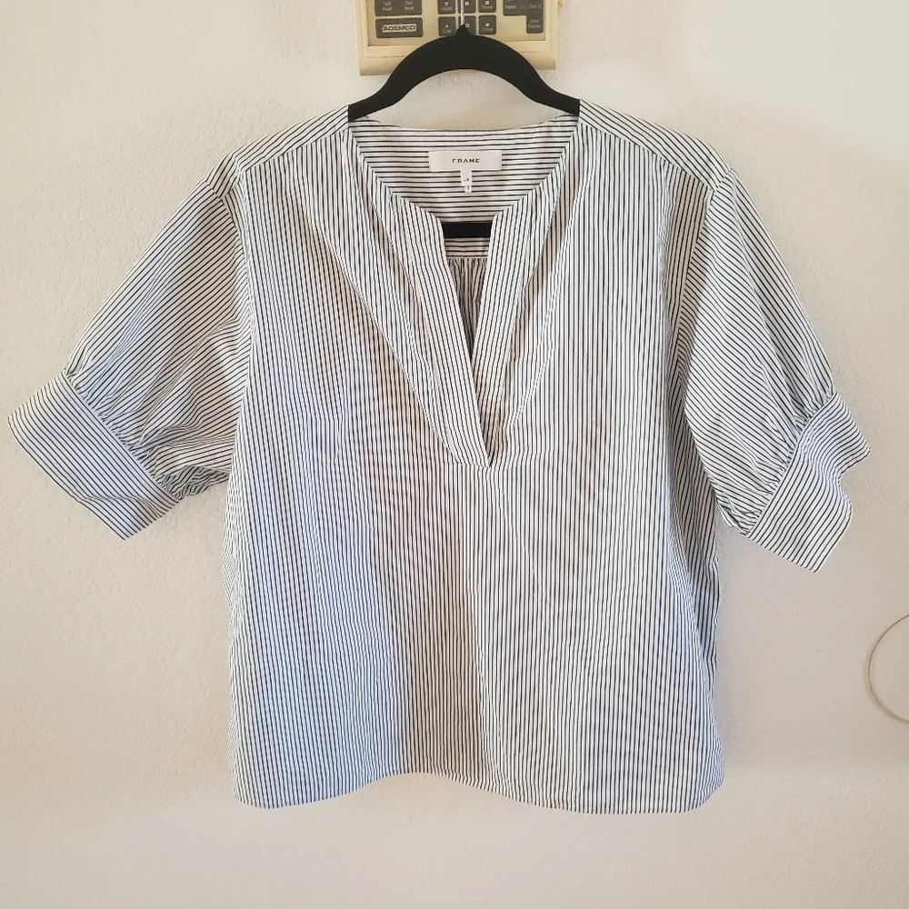 Frame Denim Navy and White Striped Popover Blouse Large - Picture 2 of 9